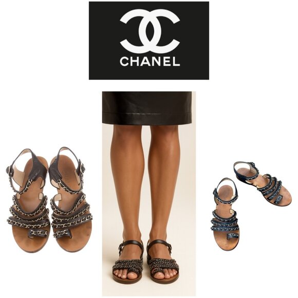Chanel Chain CC Gladiator Sandals Black Size 39.5 $1025 - Picture 1 of 12